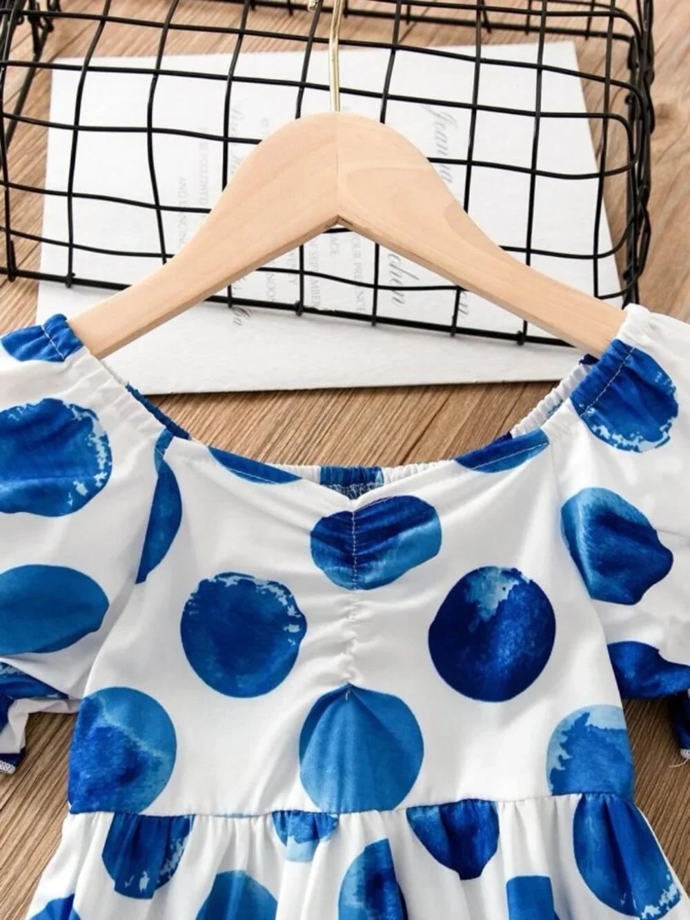 SHEIN Polka Dot Puff Sleeve Ruched Ruffle Hem Dress 5/6